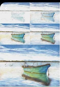 four different pictures of a boat in the water, one is blue and white while the other is green