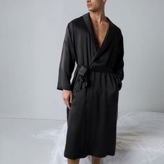 Our classic Washable Silk fabric, now in a robe. This soft, breathable material feels like a breath of relief when it drapes over you after a long day. The perfect complement to a night at home with no plans. Black Robe For Men, Mens Silk Robe, Male Witch, Silk Robes, Night At Home, Silk Set, Silk Robe, Hand Chain, The Glory