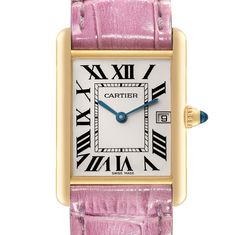 Cartier Tank Louis Yellow Gold Pink Strap Mens Watch W1529756 Box Card. Quartz movement. 18k yellow gold case 25.0 x 33.0 mm. Circular grained crown set with a blue sapphire cabochon. . Scratch-resistant mineral crystal. Silvered opaline dial with black radial Roman numeral hour markers and an inner minute track. Sword-shaped blue hands. Date calendar at 3 o'clock aperture. Secret Cartier signature at VII. Bright pink leather strap with 18K yellow gold tang buckle. Cartier Formal Watches With Date Display, Luxury Cartier Watch With Date Display, Elegant Cartier Watch With Date Display, Cartier Rectangular Dial Watch With Date Display, Cartier Watch With Rectangular Dial And Date Display, Cartier Watches With Date Display And Rectangular Dial, Luxury Formal Watches Stamped 14k, Elegant Cartier Watch Accessories With Date Display, Luxury Formal Watches 14k Stamped