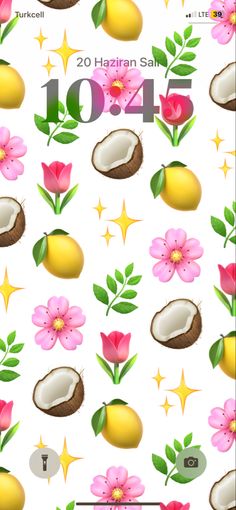 a bunch of flowers and coconuts on a white background with the numbers 1044