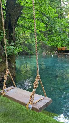 a wooden swing hanging from the side of a river