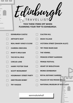 the edinburgh travel list is shown in black and white