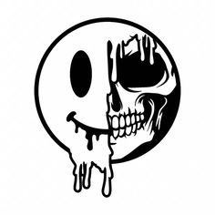 a black and white image of a skull with dripping paint on it's face