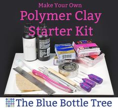 the make your own polymer clay starter kit is displayed on a table with tools and supplies