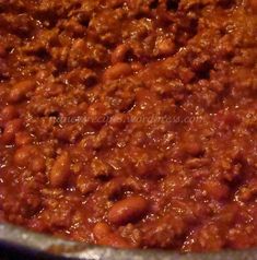 a close up view of chili in a pot