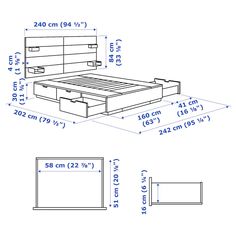 an image of a bed with drawers and measurements