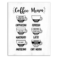 coffee menu with different types of cups and saucers in black ink on white paper