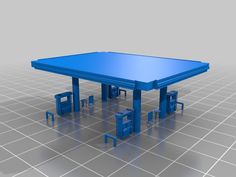 a blue table and chairs are shown in this 3d rendering image with grey tiles on the floor