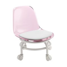 a pink and white chair with wheels on the bottom, sitting in front of a white background