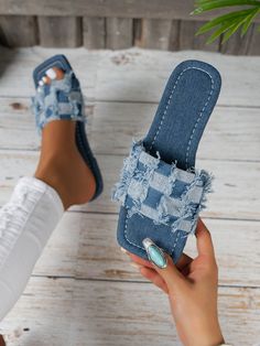 Women's Light Blue Square Toe Plaid Fabric Slippers, Summer Fashionable Casual Flat Sandals With Strap, Suitable For Outdoor Wear Baby Blue Fashionable        Women Shoes, size features are:Bust: ,Length: ,Sleeve Length: Elegant Slippers, Wide Fit Sandals, Open Toe Slippers, Flat Slipper, Wide Fit Shoes, Flatform Sandals, Summer Flats, Denim Shoes, Plaid Fashion