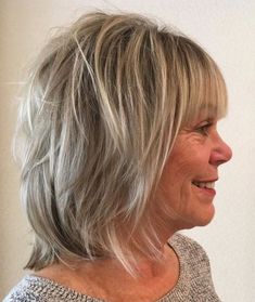 Neck-Length Shaggy Cut with Blunt Bangs Hairstyles For Over 60, Long Shag Haircut, Over 60 Hairstyles