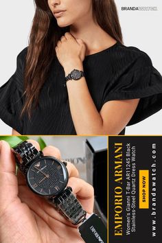 Emporio Armani Women's Gianni T-Bar Black Stainless-Steel Watch Black Movement, Emporio Armani Women