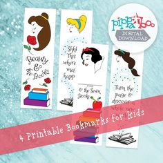 four printable bookmarks for kids with princesses on them and the words,