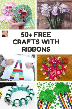 some crafts that are made with ribbons and paper flowers on the top one is for children to make