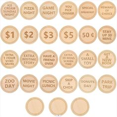 some wooden badges that say $ 1, 2, 3, and 5 for pizza night