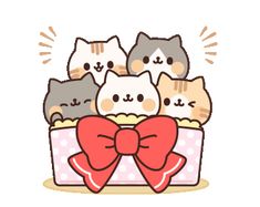 a group of cats sitting in a box with a bow on the front and back