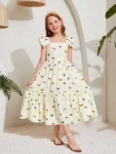 Apricot Casual Collar Sleeveless Woven Fabric All Over Print A Line Embellished Non-Stretch  Tween Girls Clothing Cotton Frocks For Kids, Frocks For Kids, Kids Summer Dresses, Simple Frock Design, Bodycon Casual, Kids Dress Patterns, Baby Dress Patterns, Kids Frocks