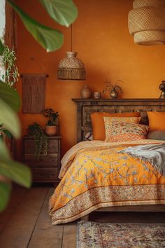 a bed with orange sheets and pillows in a room filled with potted plants on the wall