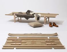 two images show the different parts of a bench and shoe rack, with one laying on it's side