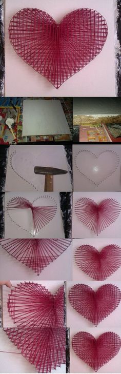 several pictures of different shapes and sizes of heart - shaped string art work on display