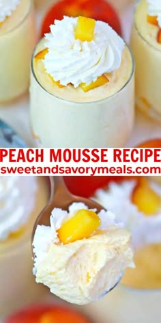 peach mousse recipe with whipped cream and fresh peaches in small glass dishes