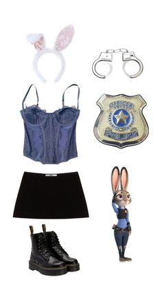 an assortment of clothing and accessories including shoes, belted shirt, rabbit ears, headband