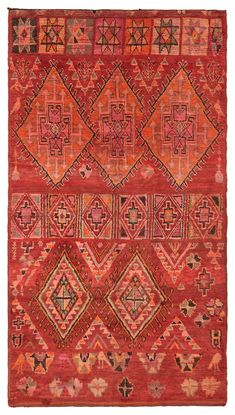 One-of-a-kind vintage rug, hand-knotted near the small city of Boujad in the Chaouia-Ouardigha region of Morocco. 100% wool. Dimensions: 6'1" x 11'3" (186 cm x 342 cm). Color palette: cadmium red, fiery orange, magenta, seafoam green, puce brown Marocan Rugs, Morocco Carpet, Morocco Rug, Moroccan Bedroom, Colorful Moroccan Rugs, Vibrant Rugs, Furniture Board, Style Carpet, Moroccan Carpet