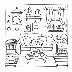 a black and white drawing of a living room