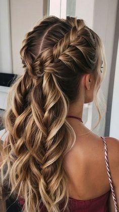 Pulled Back Braided Hairstyles Wedding, Home Coming Hairstyles Half Up Half Down, Braided Hairstyles For Wedding Bridesmaid Half Up Medium Lengths, Brunette Fishtail Braid, Braided Hairstyles Crown, Homecoming Hairstyles With Braids, Woodland Wedding Hairstyles, Fancy Updos For Long Hair Prom, Bridesmaid Hair With Braid