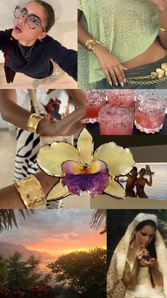 a collage of photos with flowers and people in the background, including a woman wearing glasses