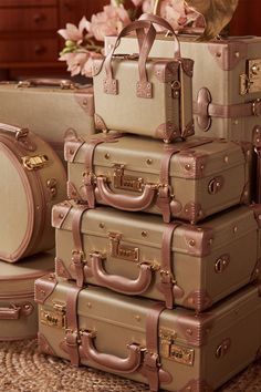 Designer Luggage Sets, Luggage Sets For Women, Rose Gold Luggage, Steamline Luggage, Retro Vintage Aesthetic, Travel Vanity