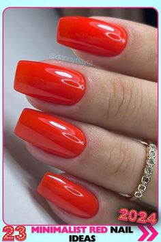 Minimalist red nails in square shape with classic red color on gel nails. High-gloss finish gives these medium-length nails a luxurious look, making them perfect for any occasion. Minimalist Red Nails, Nails In Square Shape, Classic Red Nails, Red Nail Ideas, Chitenge Dresses, Length Nails, Long Red Nails, Square Nail Designs, Red Nail