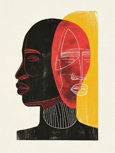 two black and red faces are shown in an abstract style with yellow, pink, and orange colors