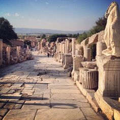 an ancient street with statues and trees in the background