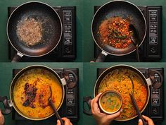 four pictures showing how to cook different types of food in pans on the stove