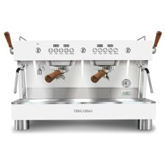 two espresso machines sitting on top of each other in front of a white background