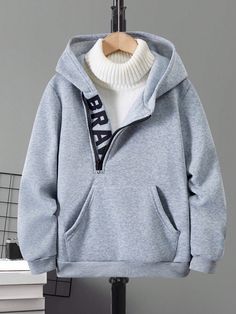 Teen Boys' Letter Printed Zip Up Hoodie, Casual Long Sleeve Sweatshirt For Autumn & Winter Light Grey   Long Sleeve Fabric Letter Half Placket Medium Stretch  Teen Boys Clothing, size features are:Bust: ,Length: ,Sleeve Length: Hoodie Diy, Teen Boy Outfits, Slim Fit Top, Boys Sweatshirts, Winter Hoodies, Boys Clothing, Grey Long Sleeve, Casual Sweatshirt, Long Sleeve Casual