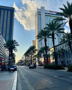 cars are driving down the street in front of tall buildings with palm trees on both sides