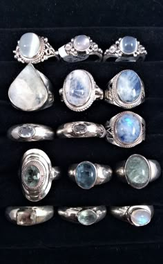 Choose from the first picture... following are more pics Prices are in drop down menu at right R means rainbow moonstone A means aquamarine. M is moonstone MM size is the widest part of the stone all are size 8 except 4th row center For best fit on a wider band.. choose a bit larger size. Open back for those who want the healing quality of the stone closer to their skin. I hand pick stones from all over the world in Jaipur, India that are set in my design by a student. free first class postage. Crystal Rings Set, Crystal Metal Ring, Luxury Artisan Jewelry For Rituals, Cheap Silver Jewelry With Round Stone, Cheap Silver Bohemian Crystal Ring, Affordable Silver Bohemian Crystal Ring, Cheap Sterling Silver Crystal Ring, Luxury Heirloom Crystal Ring As Gift, Affordable Crystal Jewelry With Jewels