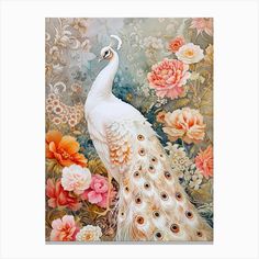 a painting of a white peacock surrounded by flowers and peonies on a floral background