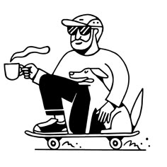 a man riding a skateboard with a cup of coffee in his hand while wearing goggles