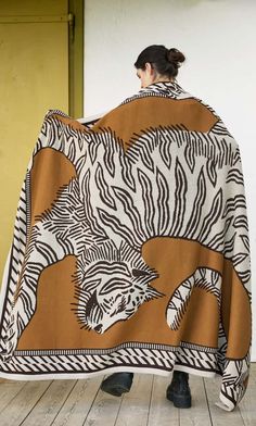 Mantra Tiger Throw - Plümo Ltd Denim Blanket, Trouser Socks, Blanket Black, Scarf Shirt, Tiger Design, London Dresses, Cotton Throw, Cotton Throws, Shoe Size Conversion