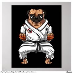 a pug dog dressed in karate gear with his hands on his hips and one leg crossed