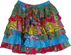 A cute and colorful abstract floral printed cotton short skirt with six ruffled layers in various deep carnival colors.  This multicolored bouncy bohemian short skirt is an ideal outfit choice for hot summer weather. #tlb #TieredSkirt #vacationclothing #beachwrap #Floral #Printed #ColorfulShortSkirt #BeachSkirt #RuffledSkirt Bohemian Multicolor Print Skirt For Summer, Arty Clothing, Summer Aesthetic Outfit, Mexico Outfits, Wedding Bridesmaids Dresses, Bohemian Shorts, Short Summer Skirts, Skirt Aesthetic, Clothing Design Ideas