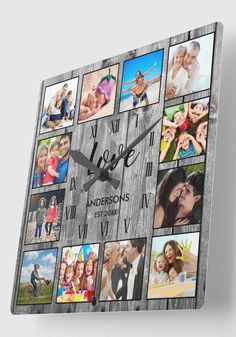 Create your own personalized 12 photo collage wall clock with your custom images on a rustic farmhouse style wooden plank background. #wallclocks #rusticoffice #manlyhome #manlyoffice #mancave #giftforhim #giftfordad #rustic 12 Photo Collage, Love Script, Rustic Office, Wooden Plank