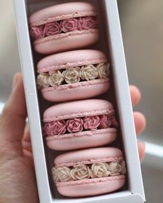 a hand holding a box with four pink macaroons in the shape of roses