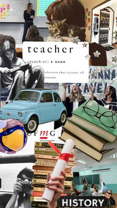 a collage of photos with books and people in the back ground, including an old car