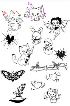 an image of various cartoon animals on a white background with black and red inks