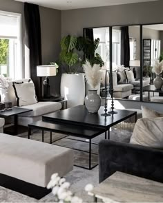 a living room filled with furniture and mirrors