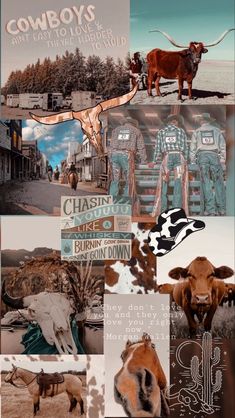 the collage has many different images and words on it, including cowgirls